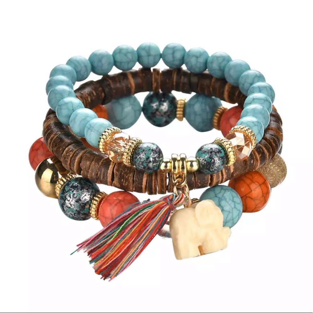 Boho charm & bead stretch bracelet set